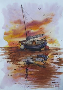 Peinture, Boat - water, sunset, sky, Eugene Gorbachenko