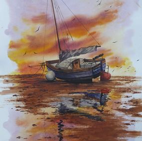 Peinture, Boat - water, sunset, sky, Eugene Gorbachenko