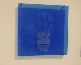 Sculpture, Image drawing on glass in blue, Sjaak Korsten