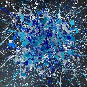 Gemälde, Flight between the stars - blue, navy, white, black large abstraction, drops, expressionism dropping inspired by Jackson Pollock, Nataliia Krykun