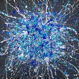 Painting, The feeling of a shooting star - blue, navy, white, black large abstraction, drops, expressionism dropping, Pollock style, Nataliia Krykun