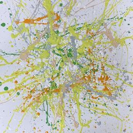 Painting, Feeling of energy - yellow, green, white, colourful large abstraction, drops, expressionism dropping, Nataliia Krykun