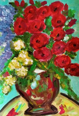 Peinture, Red poppies and daisies in a vase, Natalya Mougenot