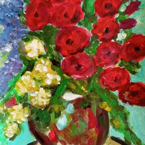 Gemälde, Red poppies and daisies in a vase, Natalya Mougenot