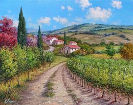 Painting, The vineyard road - Tuscany landscape painting, Raimondo Pacini
