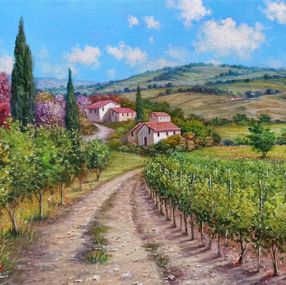 Painting, The vineyard road - Tuscany landscape painting, Raimondo Pacini
