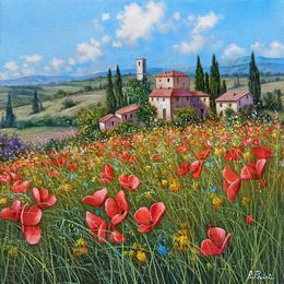 Gemälde, Hill wih wildflowers  - Tuscany landscape painting, Raimondo Pacini