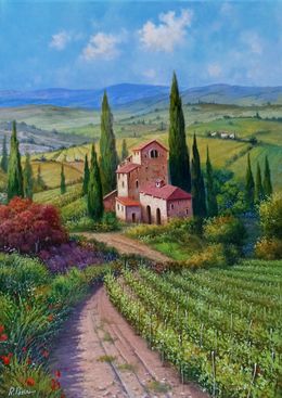 Gemälde, The wine valley  - Tuscany landscape painting, Raimondo Pacini