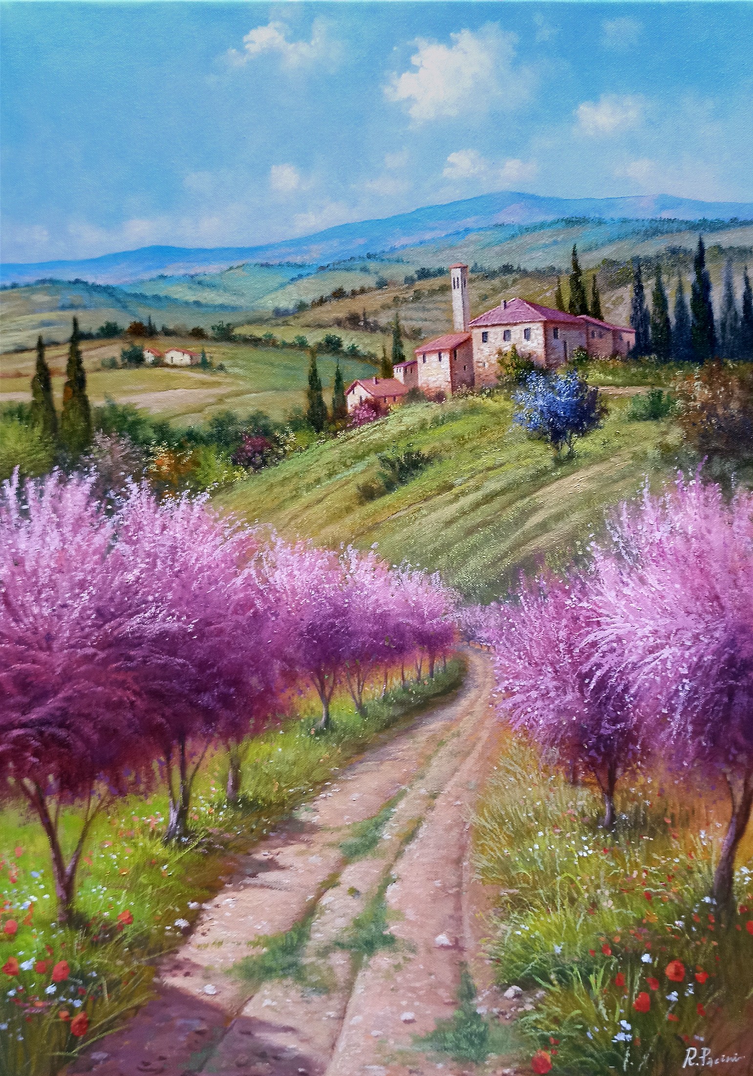Raimondo Pacini, Path between peach trees - Tuscany landscape painting Raimondo Pacini, Path between peach trees - Tuscany landscape painting