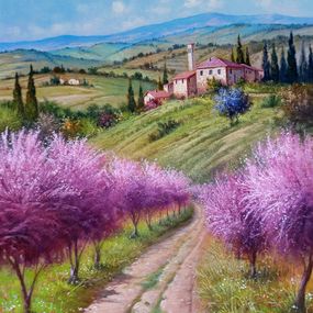 Pintura, Path between peach trees  - Tuscany landscape painting, Raimondo Pacini