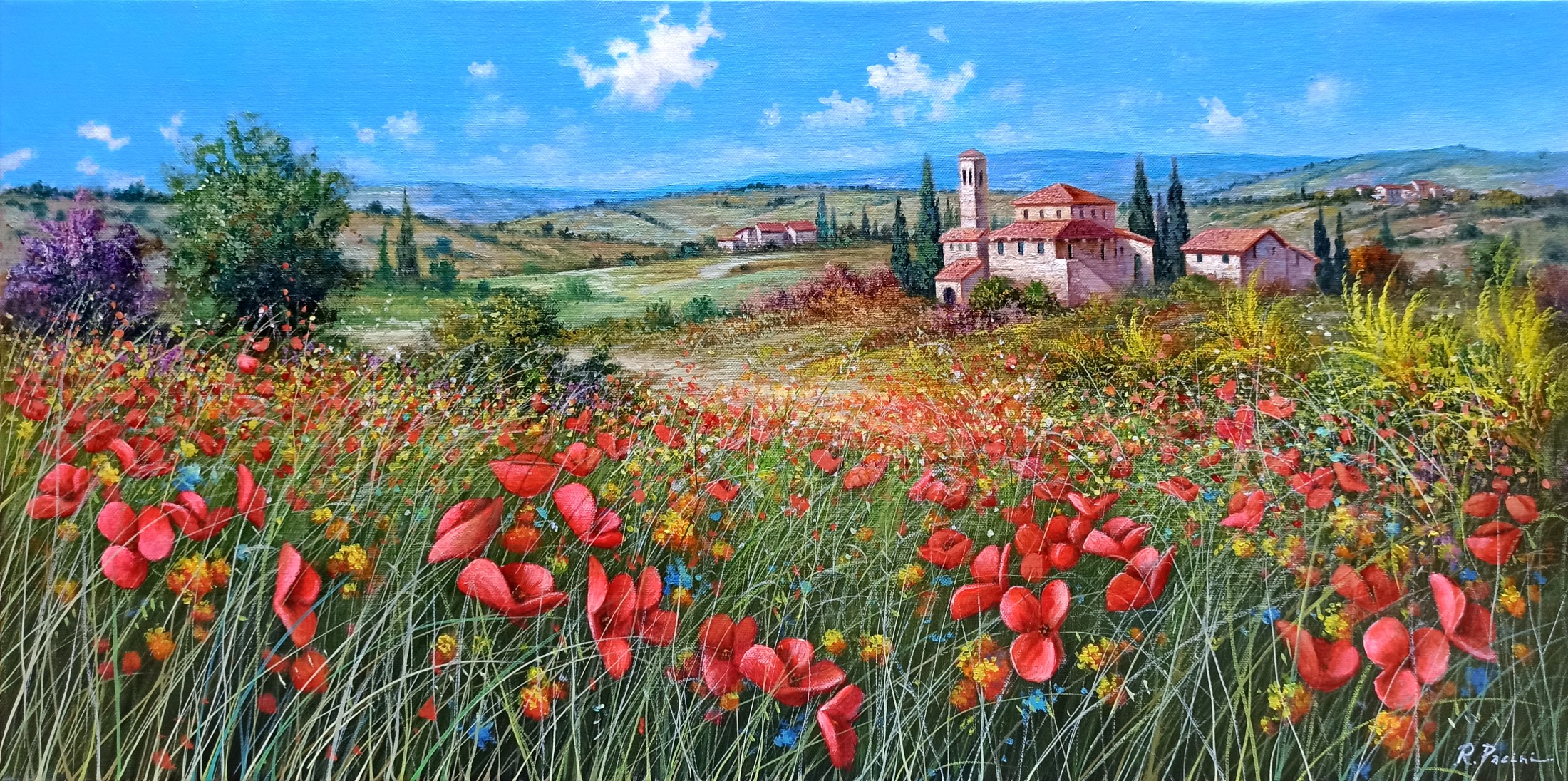 Raimondo Pacini, Field of colorful flowers - Tuscany landscape painting Raimondo Pacini, Field of colorful flowers - Tuscany landscape painting