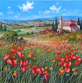 Peinture, Field of colorful flowers  - Tuscany landscape painting, Raimondo Pacini
