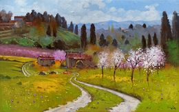 Peinture, Countryside in the morning - Tuscany landscape painting, Andrea Borella