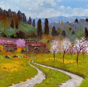 Pintura, Countryside in the morning - Tuscany landscape painting, Andrea Borella