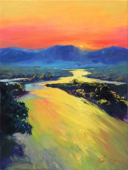 Pintura, Evening river-Evening river landscape, sunset mountains, yellow, blue painting, Serhii Cherniakovskyi