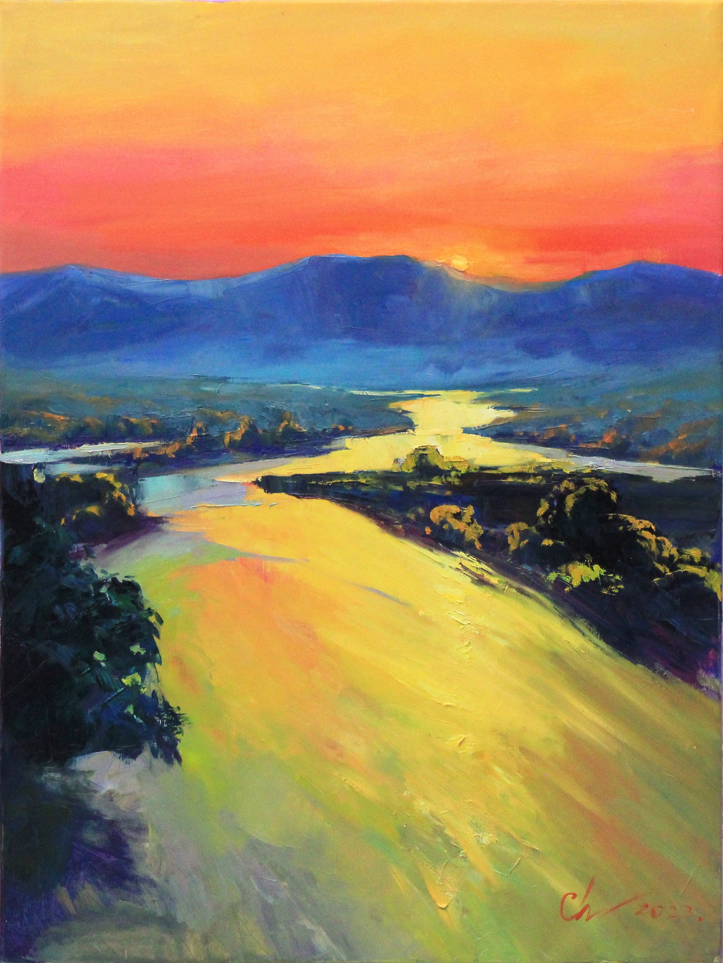 Serhii Cherniakovskyi, Evening river-Evening river landscape, sunset mountains, yellow, blue painting Serhii Cherniakovskyi, Evening river-Evening river landscape, sunset mountains, yellow, blue painting