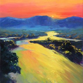 Gemälde, Evening river-Evening river landscape, sunset mountains, yellow, blue painting, Serhii Cherniakovskyi