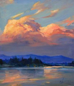 Painting, Zephyr Mountains-Evening river landscape, sunset clouds, Serhii Cherniakovskyi