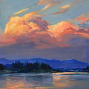 Painting, Zephyr Mountains-Evening river landscape, sunset clouds, Serhii Cherniakovskyi