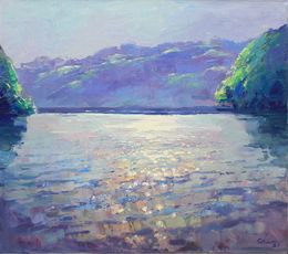 Peinture, Morning glow- Sunrise Over the Lake, Serene Oil Artwork, Serhii Cherniakovskyi