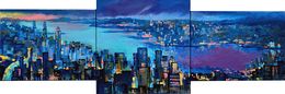 Painting, Evening city over the sea bay. The triptych. An atmospheric seascape in blue, Lilya Volskaya