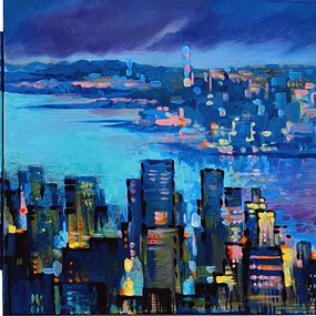 Peinture, Evening city over the sea bay. The triptych. An atmospheric seascape in blue, Lilya Volskaya