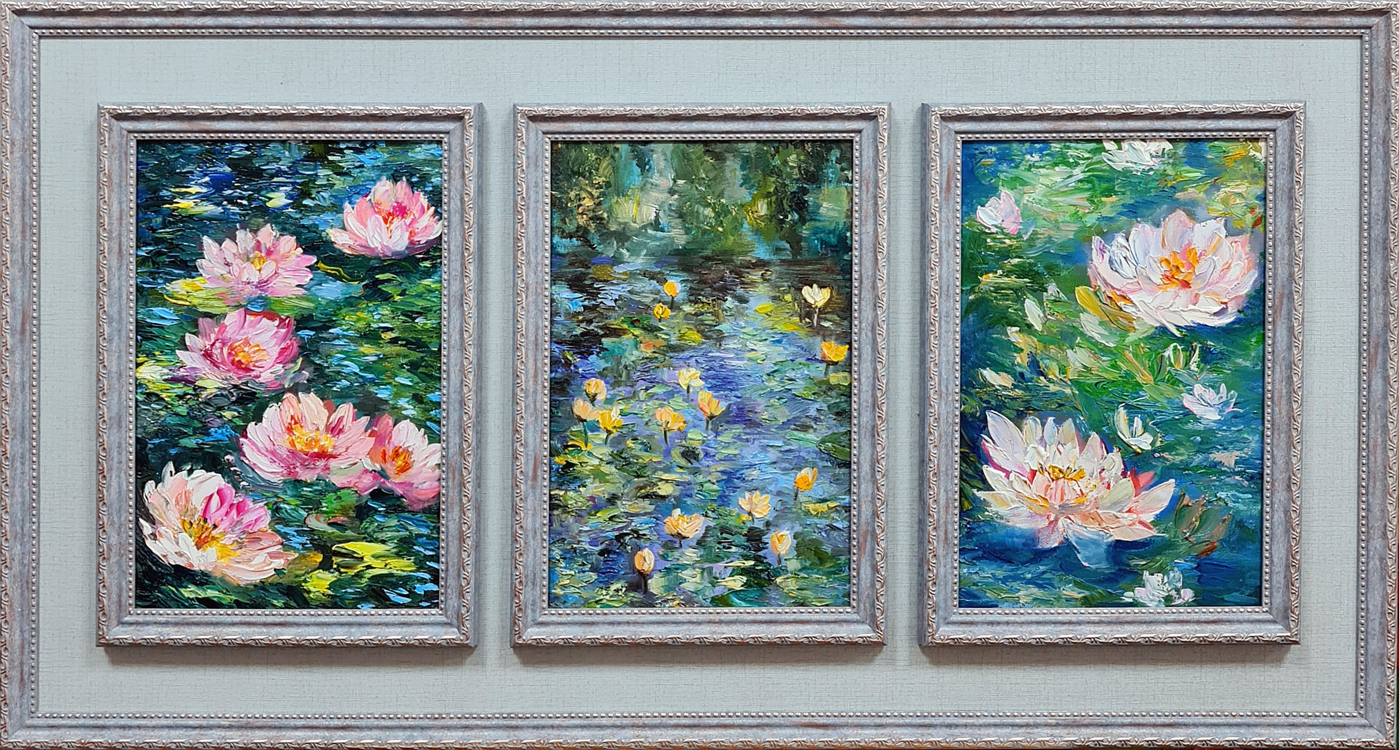 Lilya Volskaya, Lilies and water lilies. A shady pond. A Monet-style triptych. Lilya Volskaya, Lilies and water lilies. A shady pond. A Monet-style triptych.