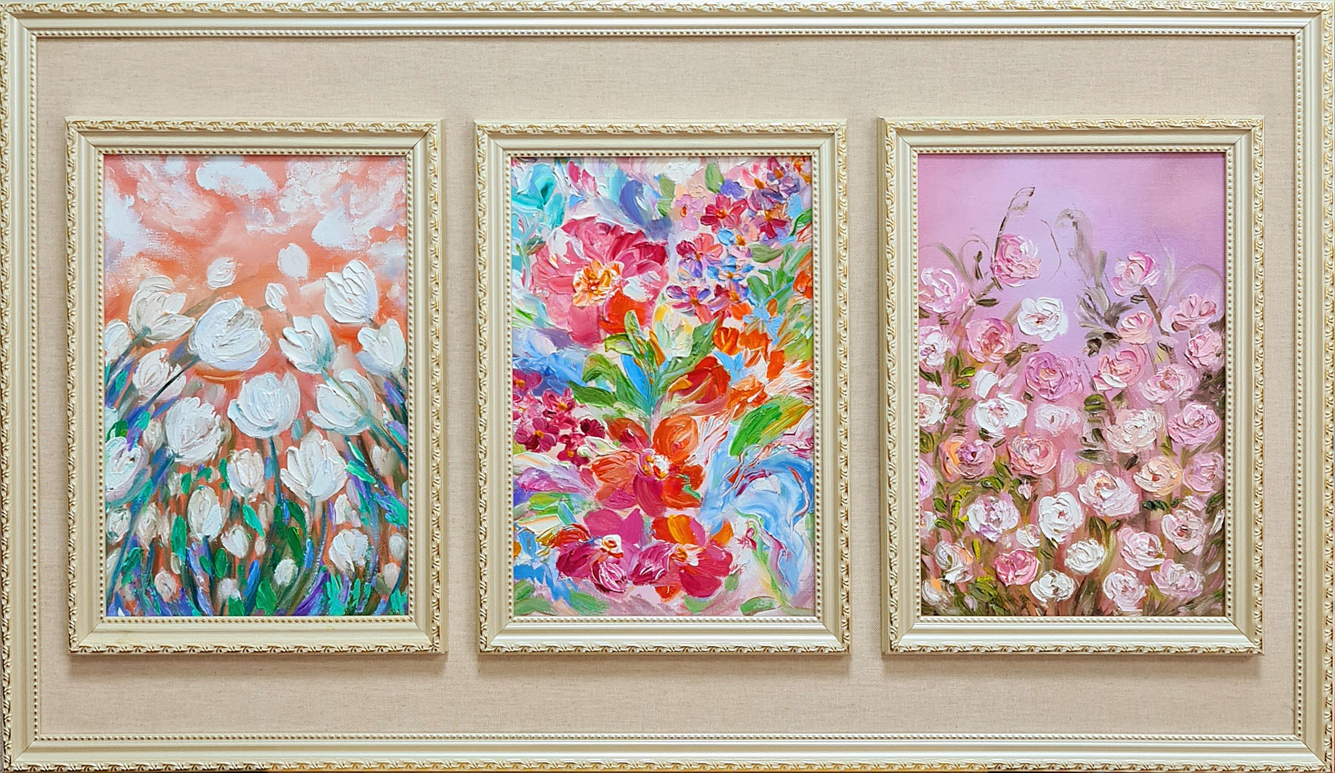 Lilya Volskaya, Lilies and water lilies. A shady pond. A Monet-style triptych. Lilya Volskaya, Lilies and water lilies. A shady pond. A Monet-style triptych.