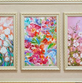 Painting, Lilies and water lilies. A shady pond. A Monet-style triptych., Lilya Volskaya