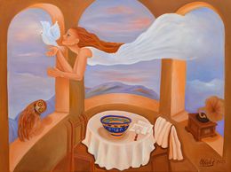 Gemälde, Fantasy Art III (una joven con la paloma), Vesna Udicki Vucetic