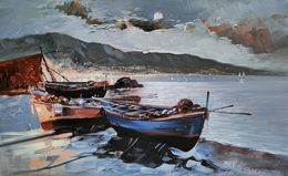 Painting, Boats at rest "nocturnal" - Italy painting & frame, Vittorio Colucci