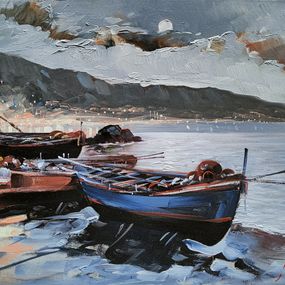 Pintura, Boats at rest "nocturnal" - Italy painting & frame, Vittorio Colucci