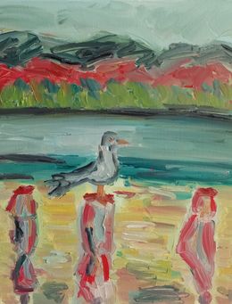 Gemälde, Bird sitting on the beach umbrella, Natalya Mougenot