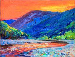 Painting, Evening glow-small sunset river landscape, Serhii Cherniakovskyi