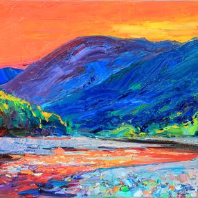 Painting, Evening glow-small sunset river landscape, Serhii Cherniakovskyi