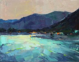 Pintura, Shining water- Sunset Over Mountain River Captivating Oil Painting with Warm Evening Hues, Serhii Cherniakovskyi