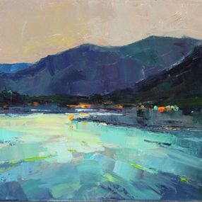 Pintura, Shining water- Sunset Over Mountain River Captivating Oil Painting with Warm Evening Hues, Serhii Cherniakovskyi