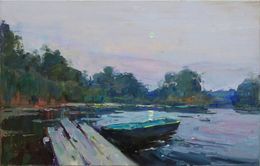 Gemälde, Dusk by the river near the pier, Serhii Cherniakovskyi