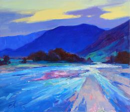 Gemälde, "The last rays of the sun over the river" - Tranquil Mountain River at Dusk Original Oil Painting with Serene Evening Blue and Purple colors, Serhii Cherniakovskyi