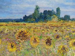 Peinture, Impressionist sunflowers - Tuscany painting landscape & frame, Biagio Chiesi