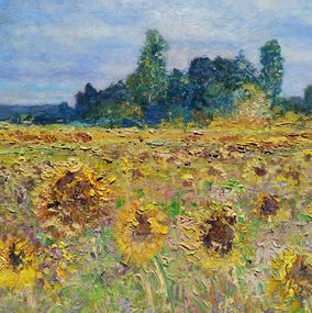 Gemälde, Impressionist sunflowers - Tuscany painting landscape & frame, Biagio Chiesi
