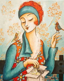 Painting, Jeune fille aux oiseaux, Véronique Clanet