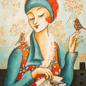 Peinture, Jeune fille aux oiseaux, Véronique Clanet