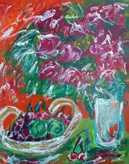 Gemälde, Cherries, apples and flowers, Natalya Mougenot
