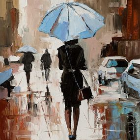 Gemälde, Woman with umbrella in a rainy city, Schagen Vita
