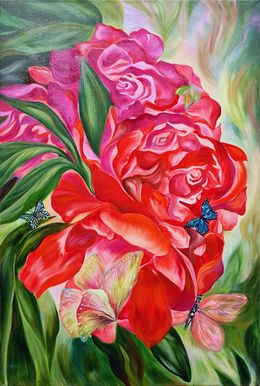 Gemälde, Tropical jungle. Red roses and butterflies Original oil painting Wonderful flowers Summer., Lilya Volskaya