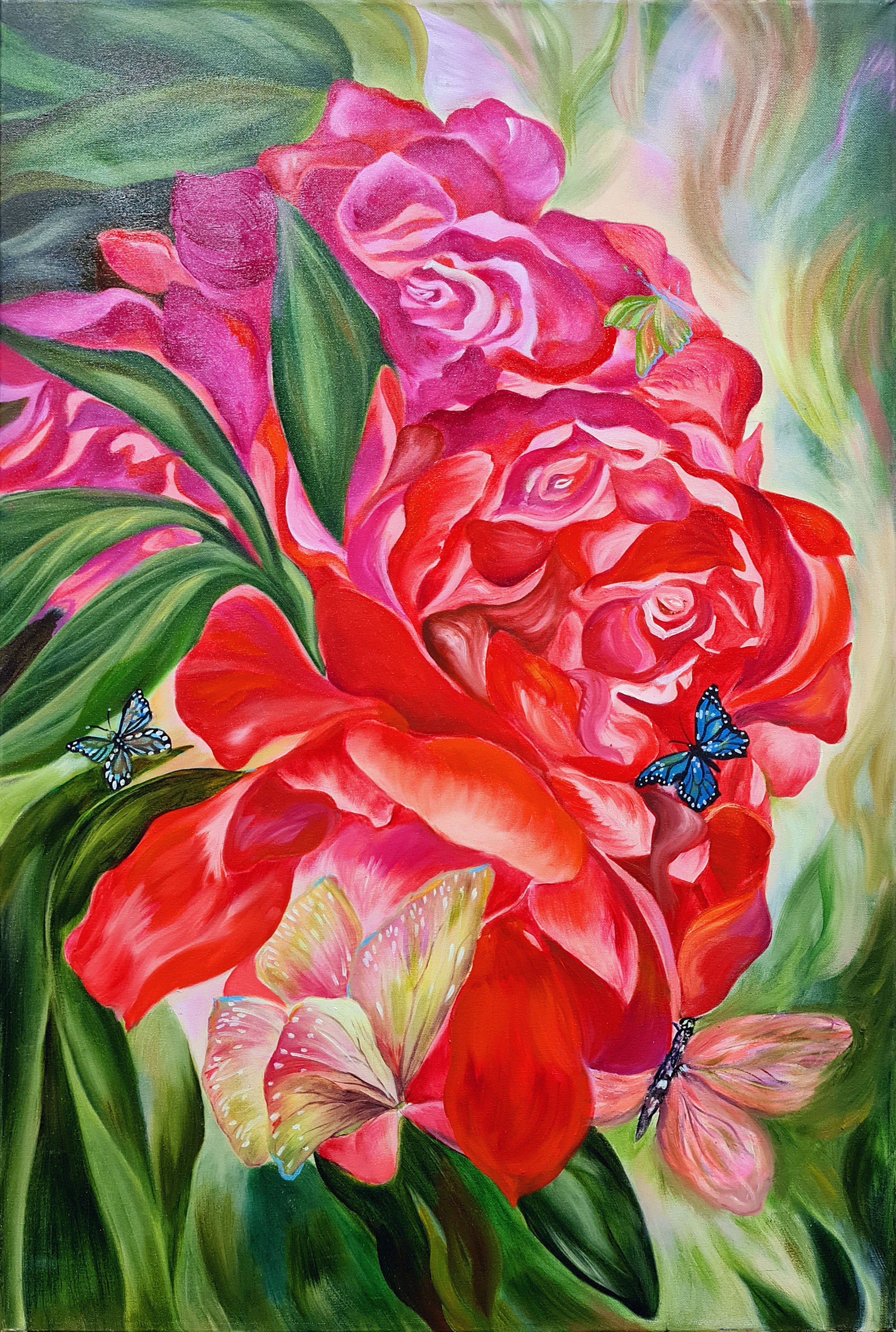 Lilya Volskaya, Tropical jungle. Red roses and butterflies Original oil painting Wonderful flowers Summer. Lilya Volskaya, Tropical jungle. Red roses and butterflies Original oil painting Wonderful flowers Summer.