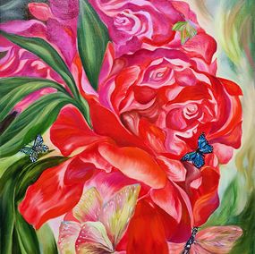 Peinture, Tropical jungle. Red roses and butterflies Original oil painting Wonderful flowers Summer., Lilya Volskaya