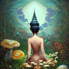 Drucke, Aus der Serie: Mystische Thai-Visionen: Heilige Pilze und Blumen (7), The opium smoking white elephant