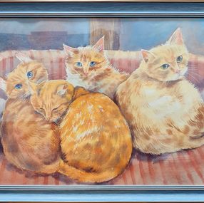 Peinture, Cats. We woke up.  original painting with animals., Lilya Volskaya
